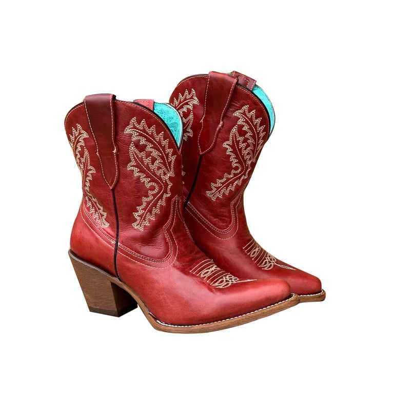 USWomen Ankle Boots Western Cowgirl Cowboy Pointed Toe Embroidery Low Heel Flat